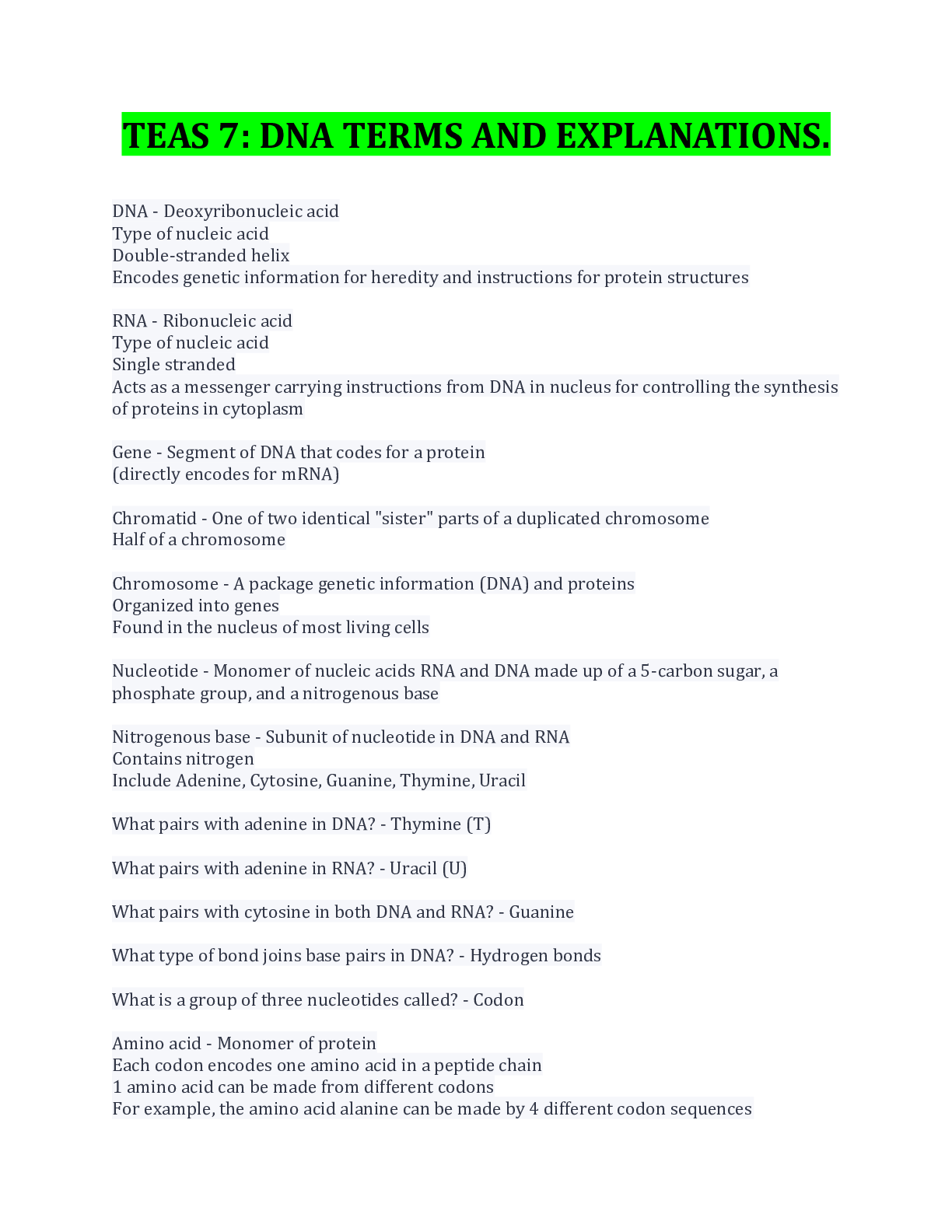 TEAS 7 DNA TERMS AND EXPLANATIONS LATEST UPDATE WITH COMPLETE TOP